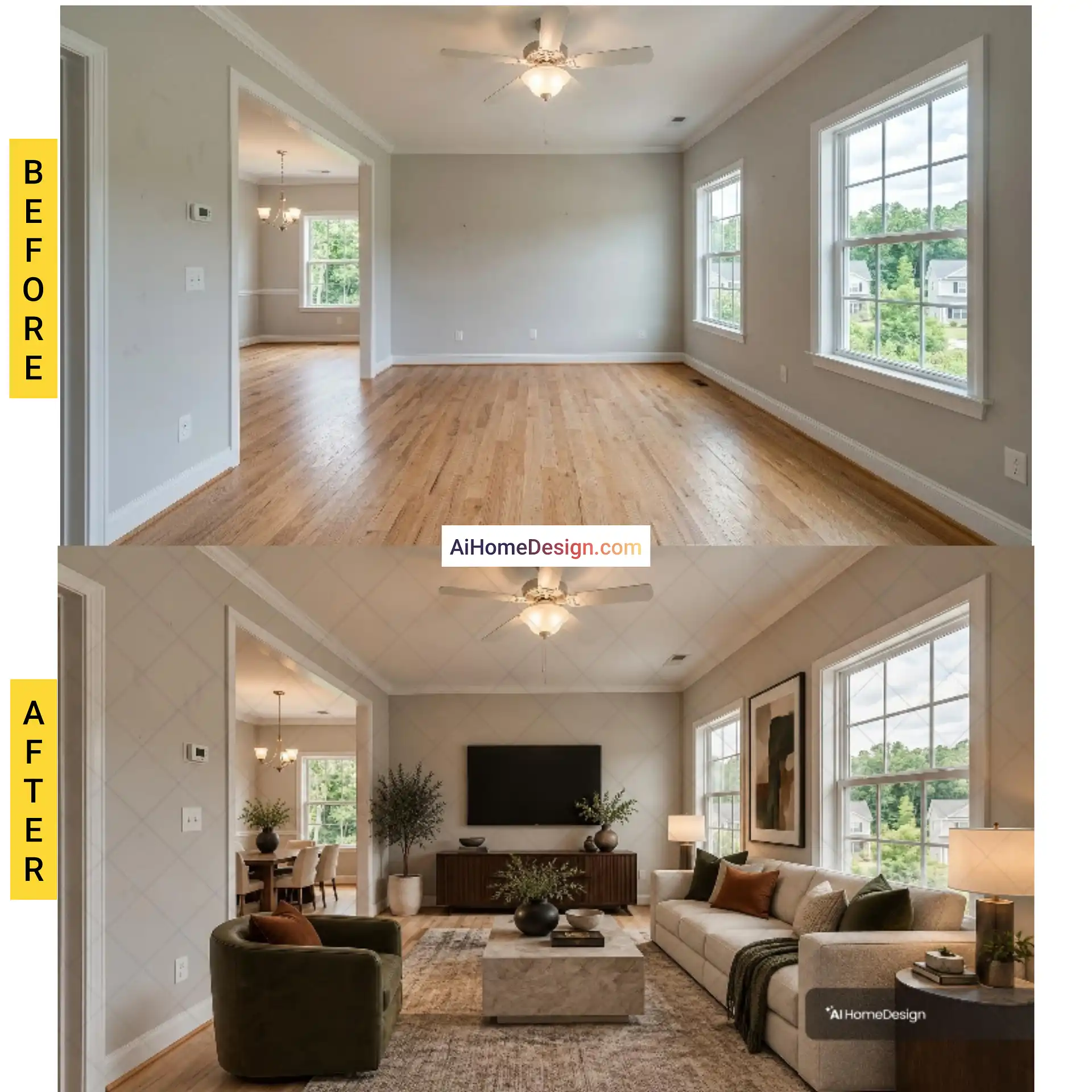 Before and after of the same empty room staged with AI in AI HomeDesign
