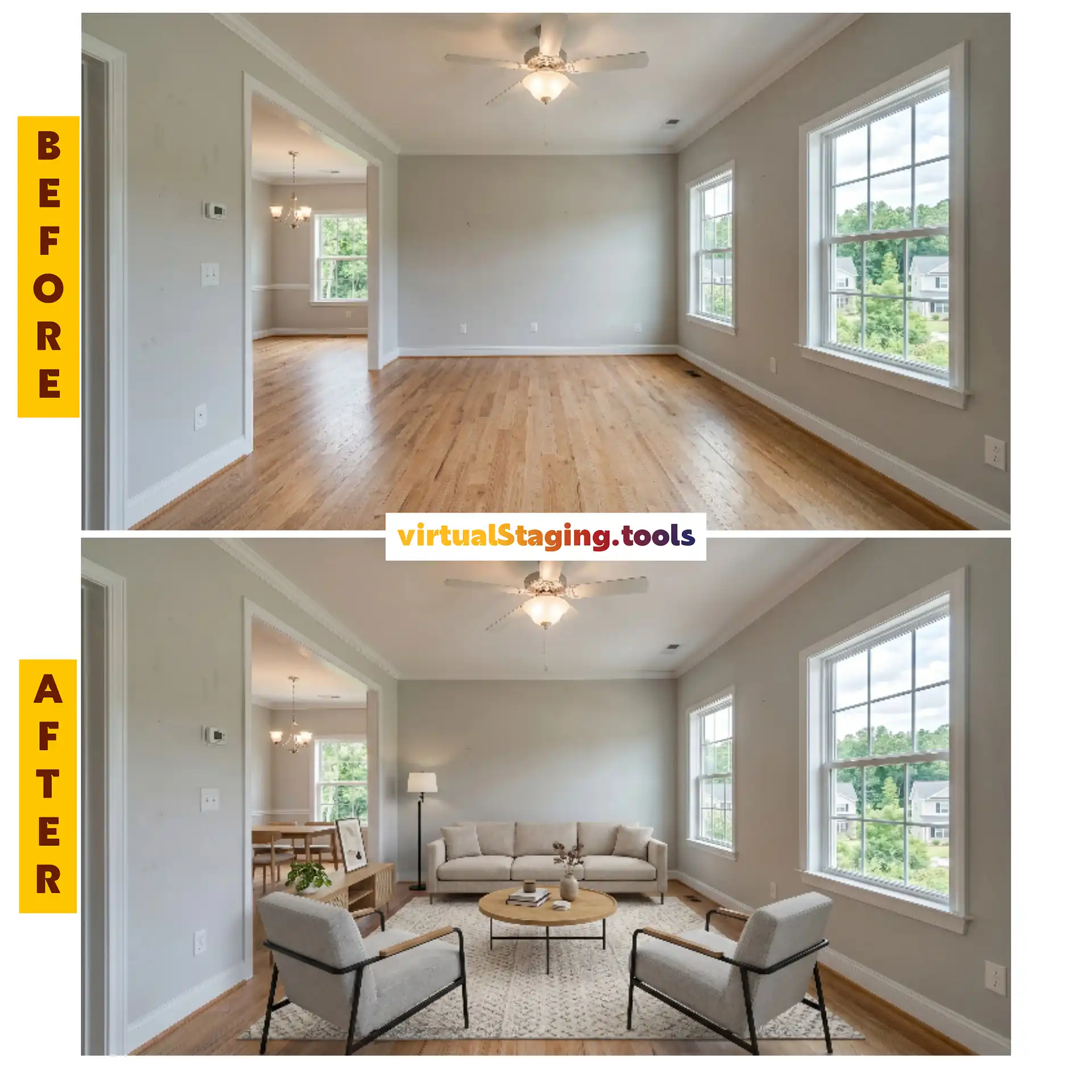 Before and after of an empty room staged with AI on the VirtualStaging.tools free plan
