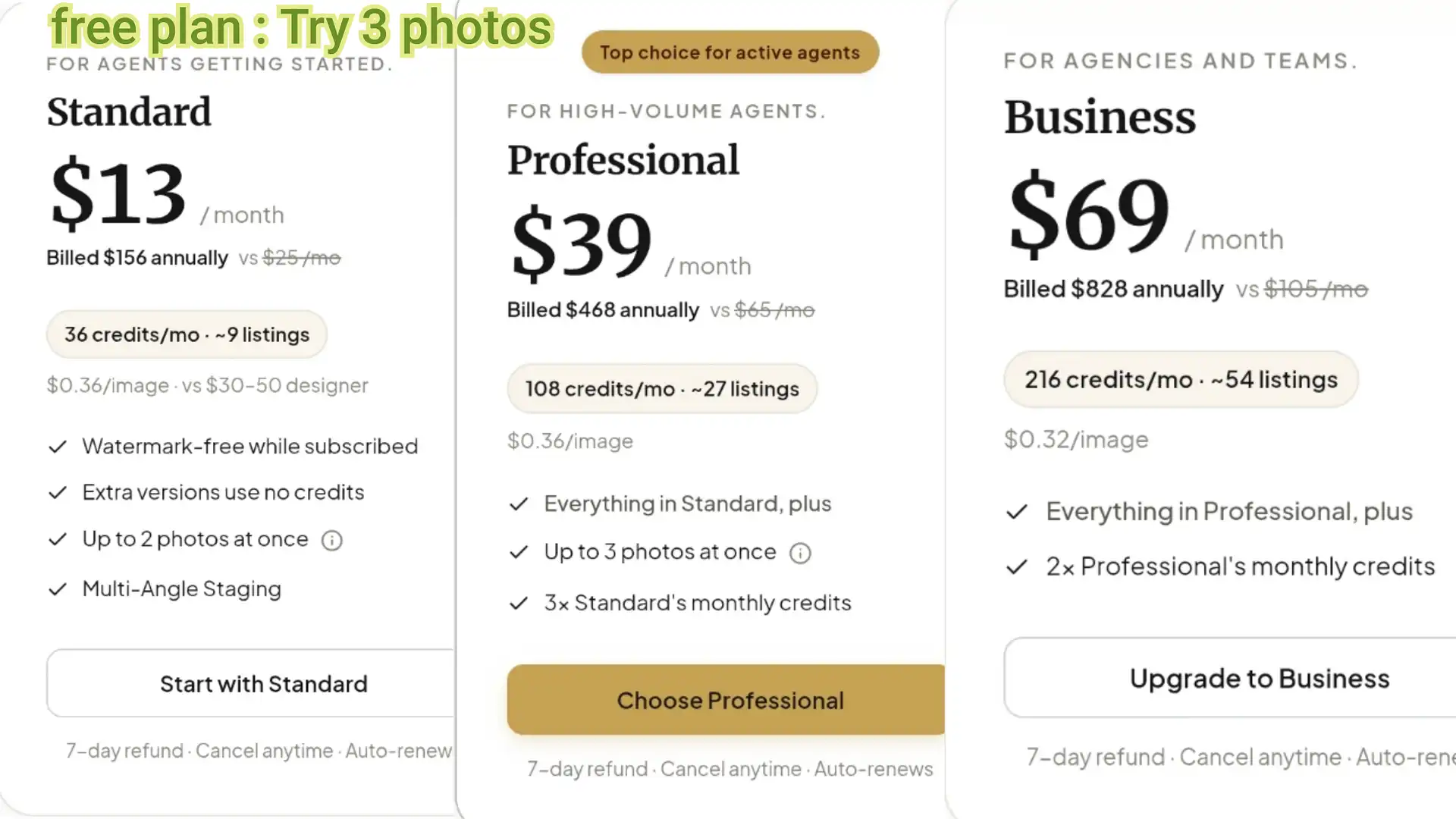 VirtualStaging.tools pricing page showing the free plan next to the paid tiers